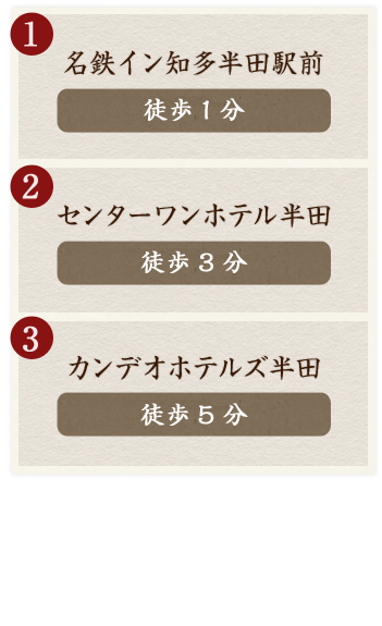 1.名鉄イン知多半田駅前 徒歩1分  2.センターワンホテル半田 徒歩3分  3.カンデオホテルズ半田 徒歩5分